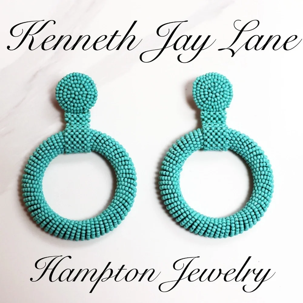 Kenneth Jay Lane Turquoise Seed Bead Hoop Earrings 🩵 NWT - Picture 15 of 15